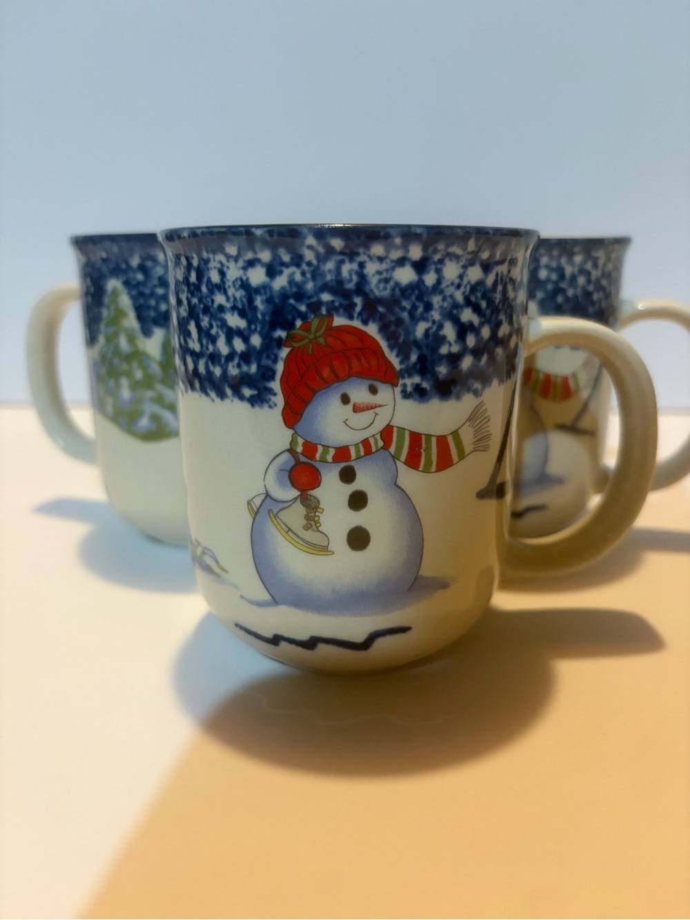 Vintage Christmas snowman mugs set 4 blue sponge ware tree cottagecore cozy